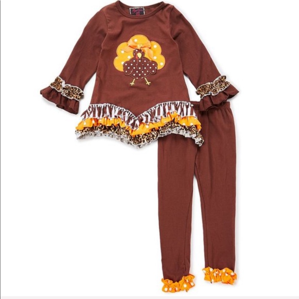 EUC Royal Gem Brown Cheetah Turkey Ruffle Pant & Top, S / 2-3T